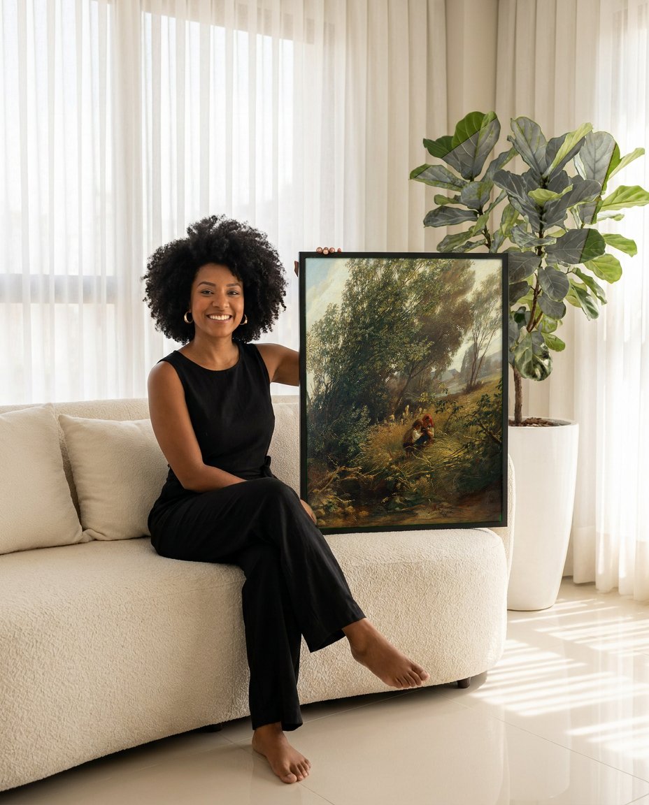 Quadro Decorativo Crianças Pescando - Hans Thoma com modelo em ambiente