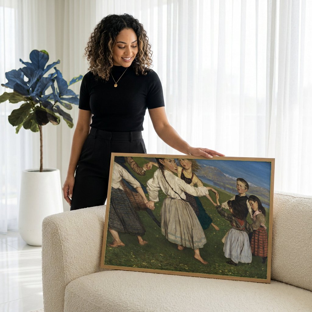 Quadro Decorativo Crianças Dançando - Hans Thoma com modelo em ambiente