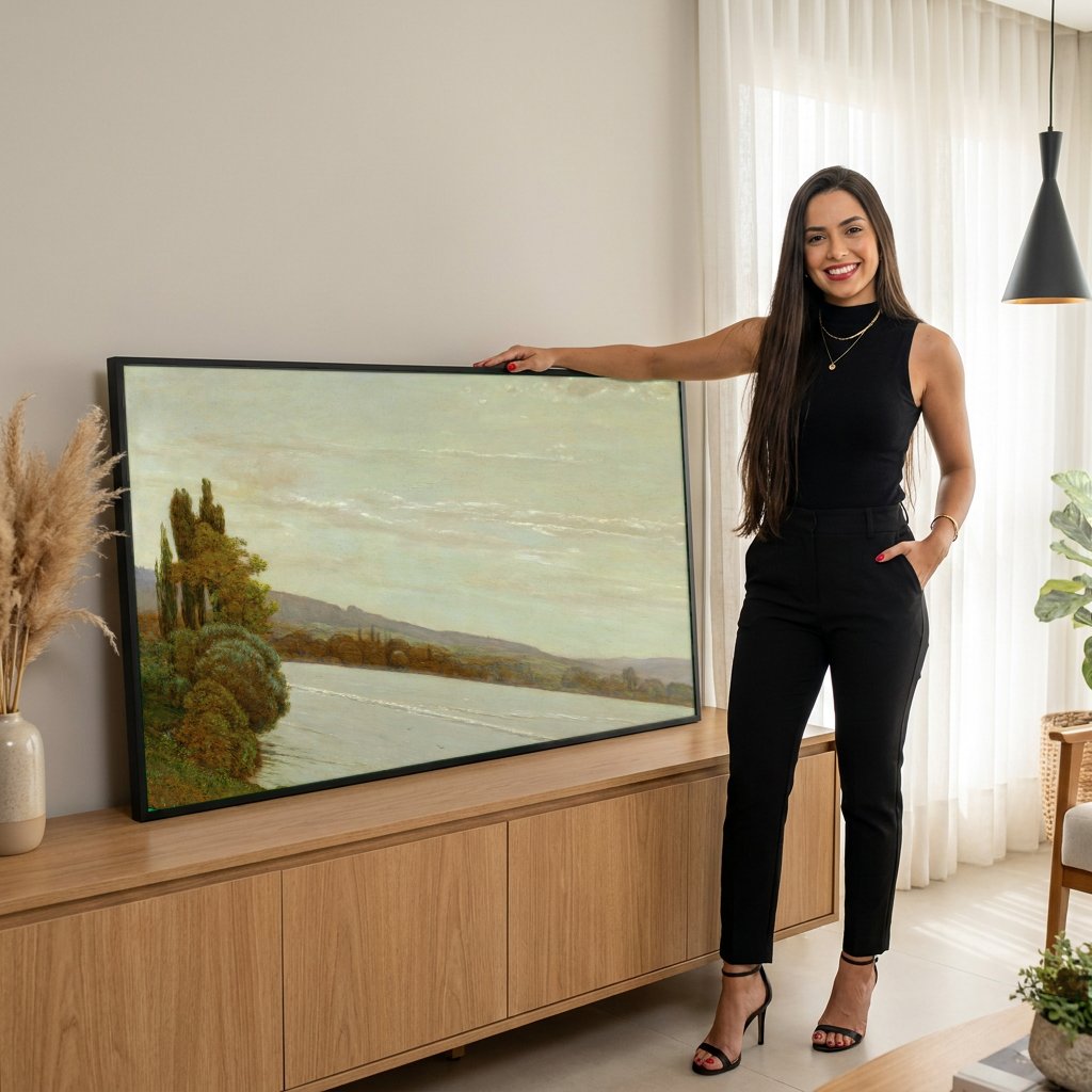 Quadro Decorativo Paisagem com Rio - Hans Thoma com modelo em ambiente