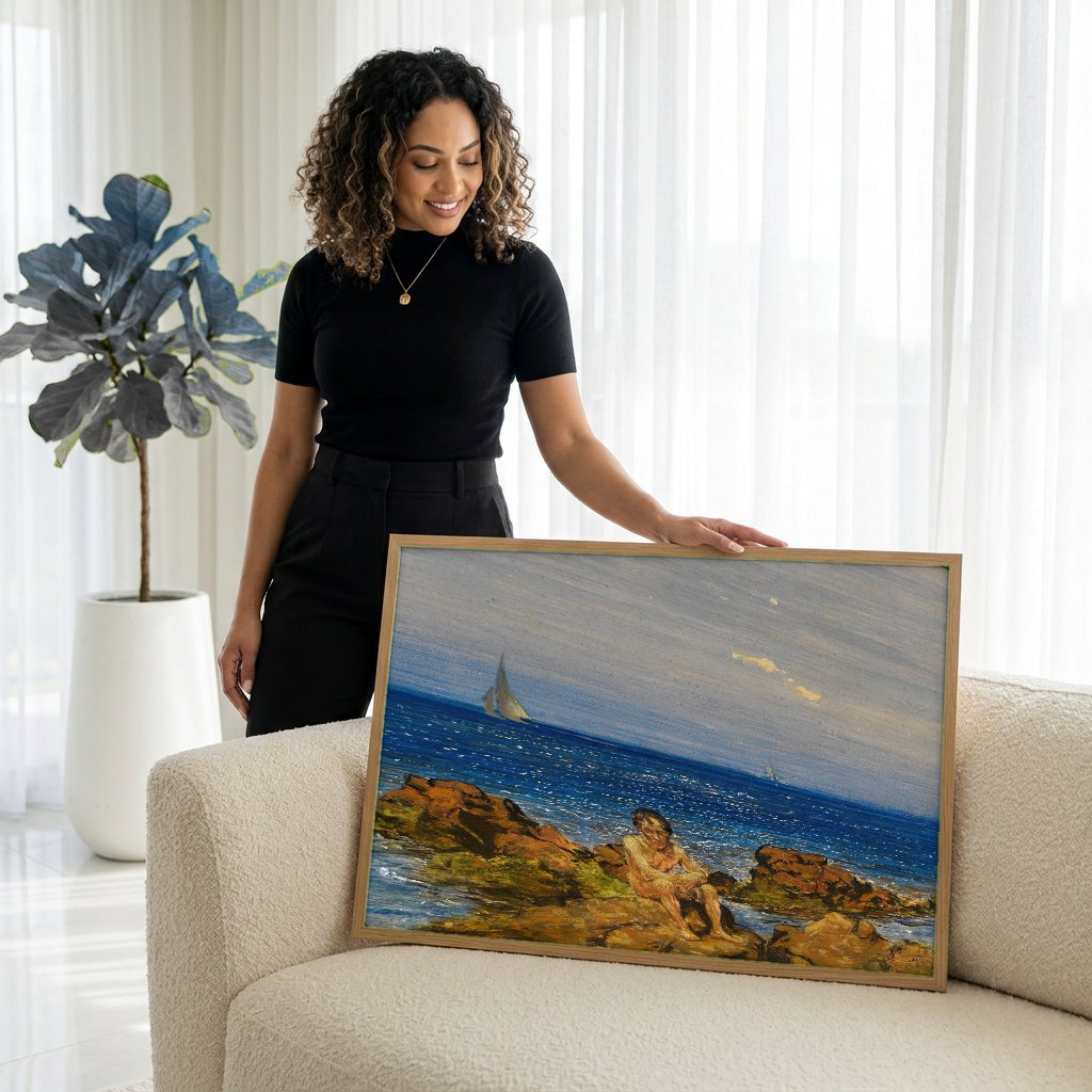 Quadro Decorativo Jovem à Beira-Mar - Hans Thoma com modelo em ambiente