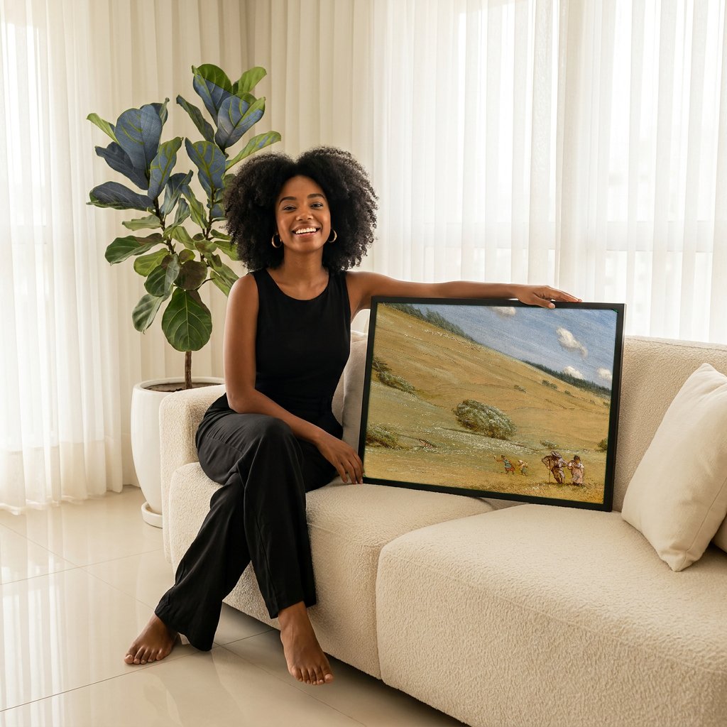 Quadro Decorativo Campo com Família - Hans Thoma com modelo em ambiente