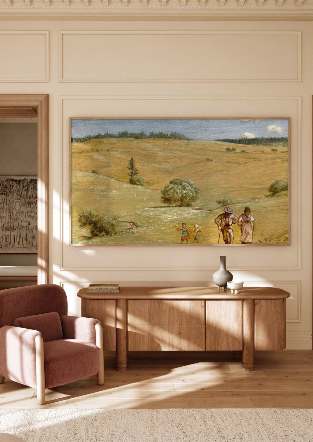 Quadro Decorativo Campo com Família - Hans Thoma em ambiente decorado