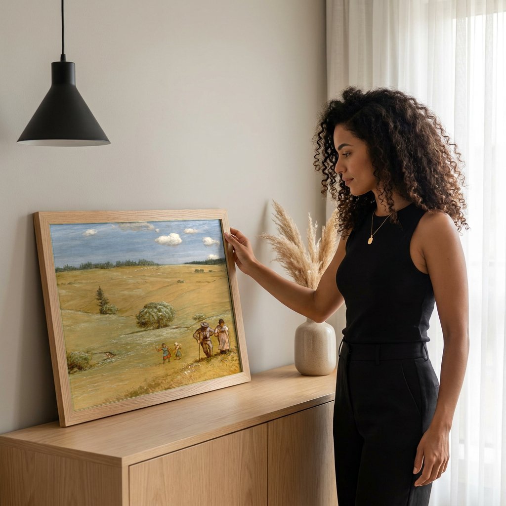 Quadro Decorativo Campo com Família - Hans Thoma com modelo em ambiente