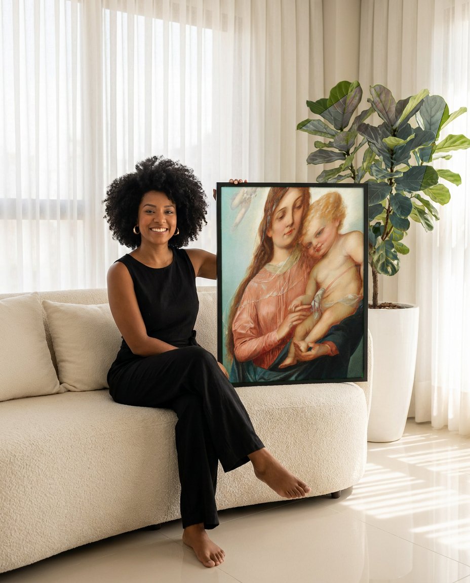 Quadro Decorativo Madona e o Menino - Hans Zatzka com modelo em ambiente