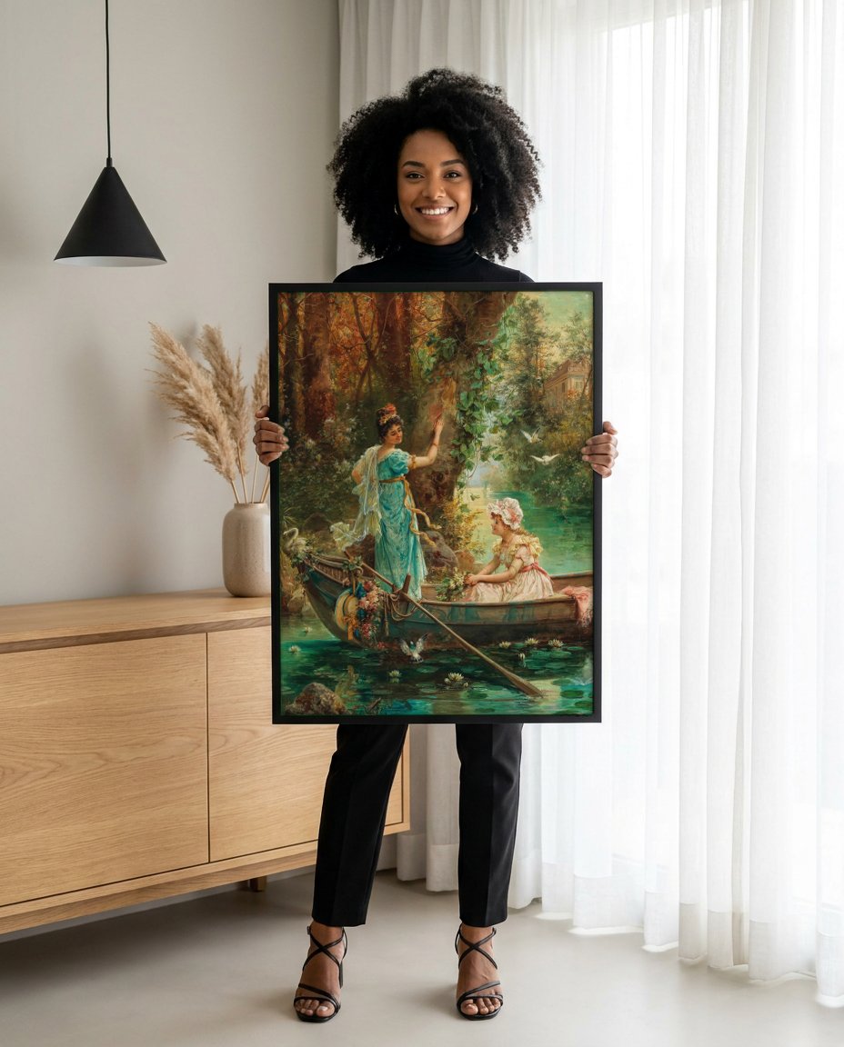 Quadro Decorativo A Oferta de Amor - Hans Zatzka com modelo em ambiente
