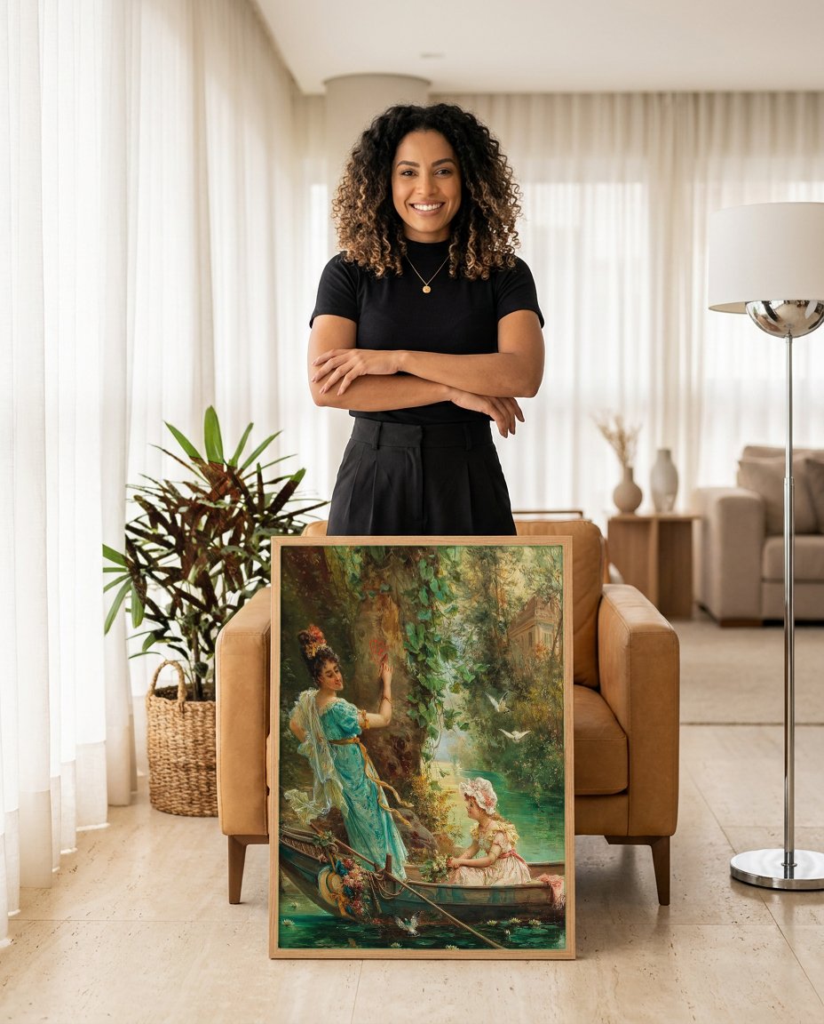 Quadro Decorativo A Oferta de Amor - Hans Zatzka com modelo em ambiente