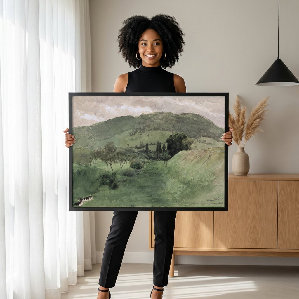 Quadro Decorativo Paisagem Verde de Hans Thoma com modelo em ambiente