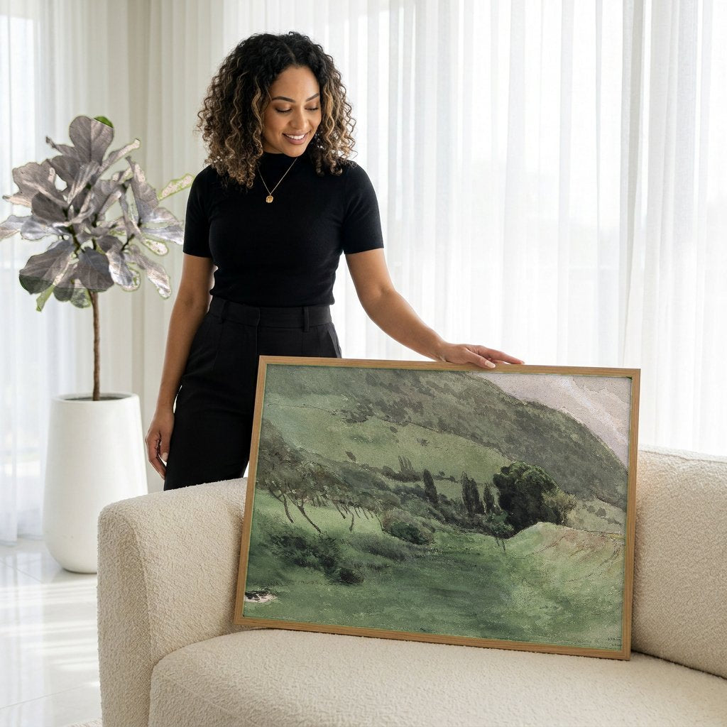 Quadro Decorativo Paisagem Verde de Hans Thoma com modelo em ambiente