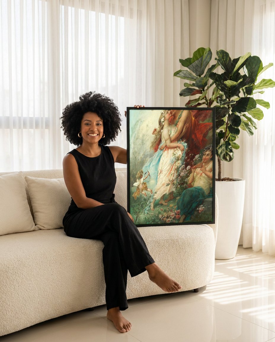 Quadro Decorativo O Beijo de Cupido - Hans Zatzka com modelo em ambiente