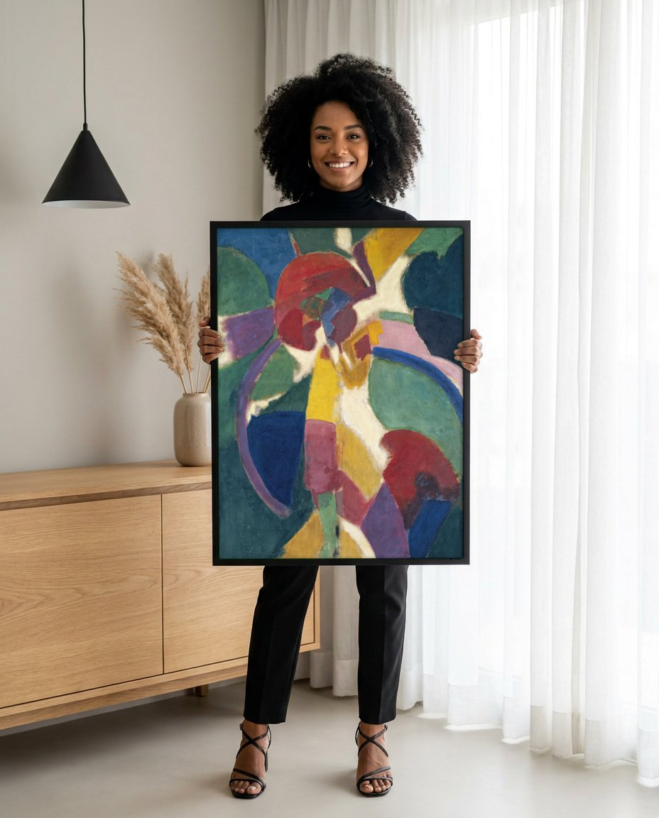 Quadro Decorativo Formas e Cores Vibrantes - Delaunay com modelo em ambiente