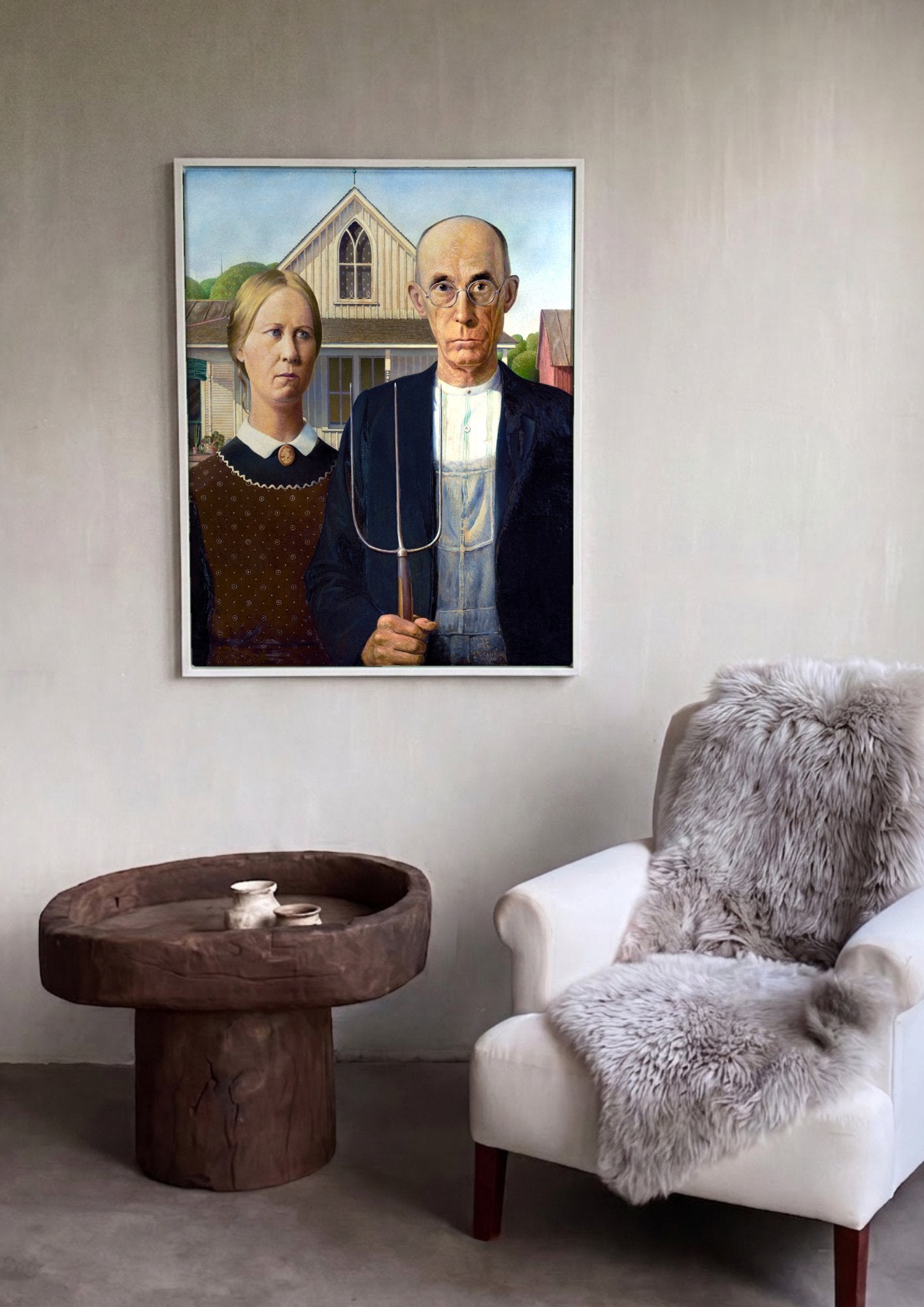 Quadro Decorativo American Gothic - Grant Wood em ambiente decorado
