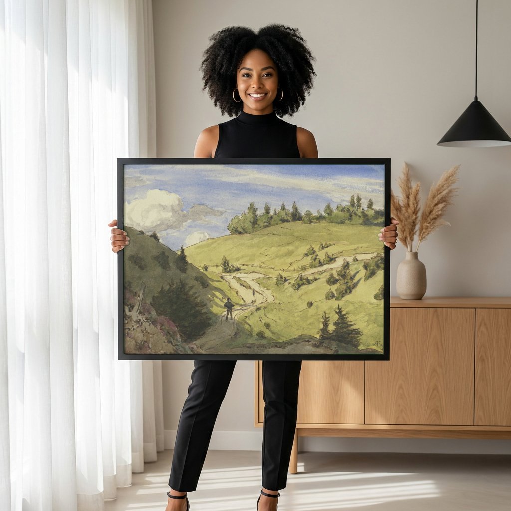 Quadro Decorativo Paisagem com Caminhante - Hans Thoma com modelo em ambiente