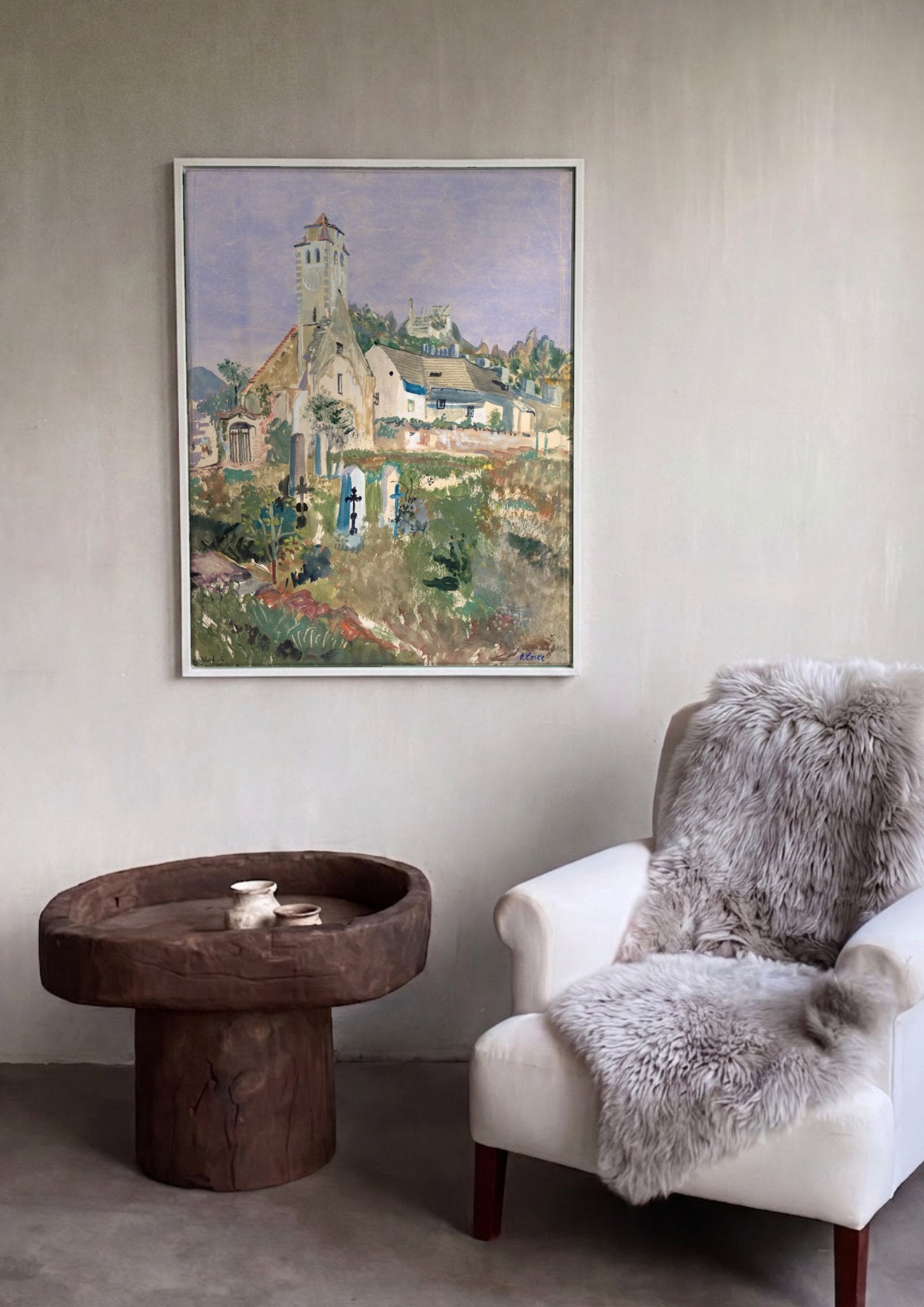 Quadro Decorativo Igreja e Cemitério Antigos - Oskar Laske em ambiente decorado