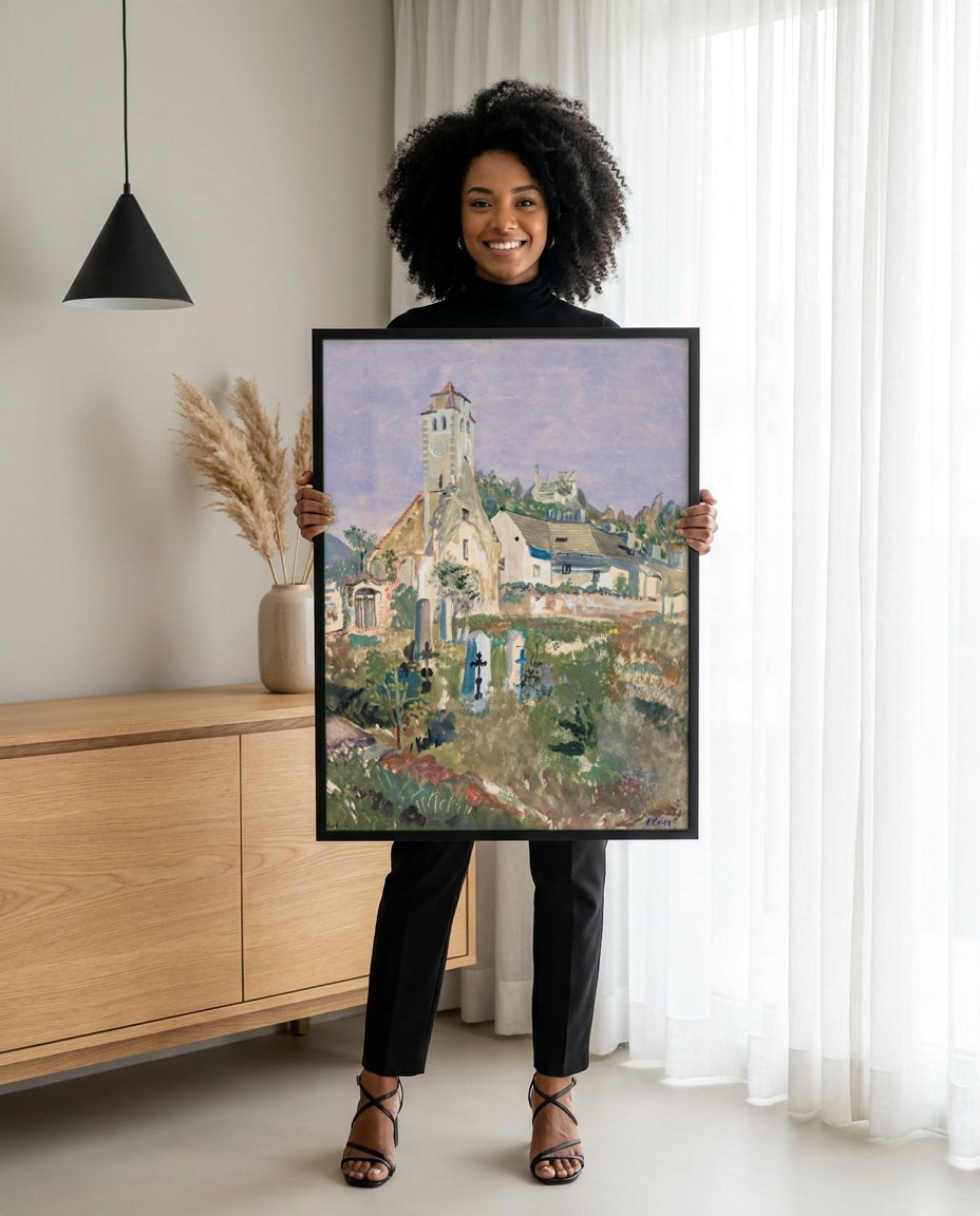 Quadro Decorativo Igreja e Cemitério Antigos - Oskar Laske com modelo em ambiente