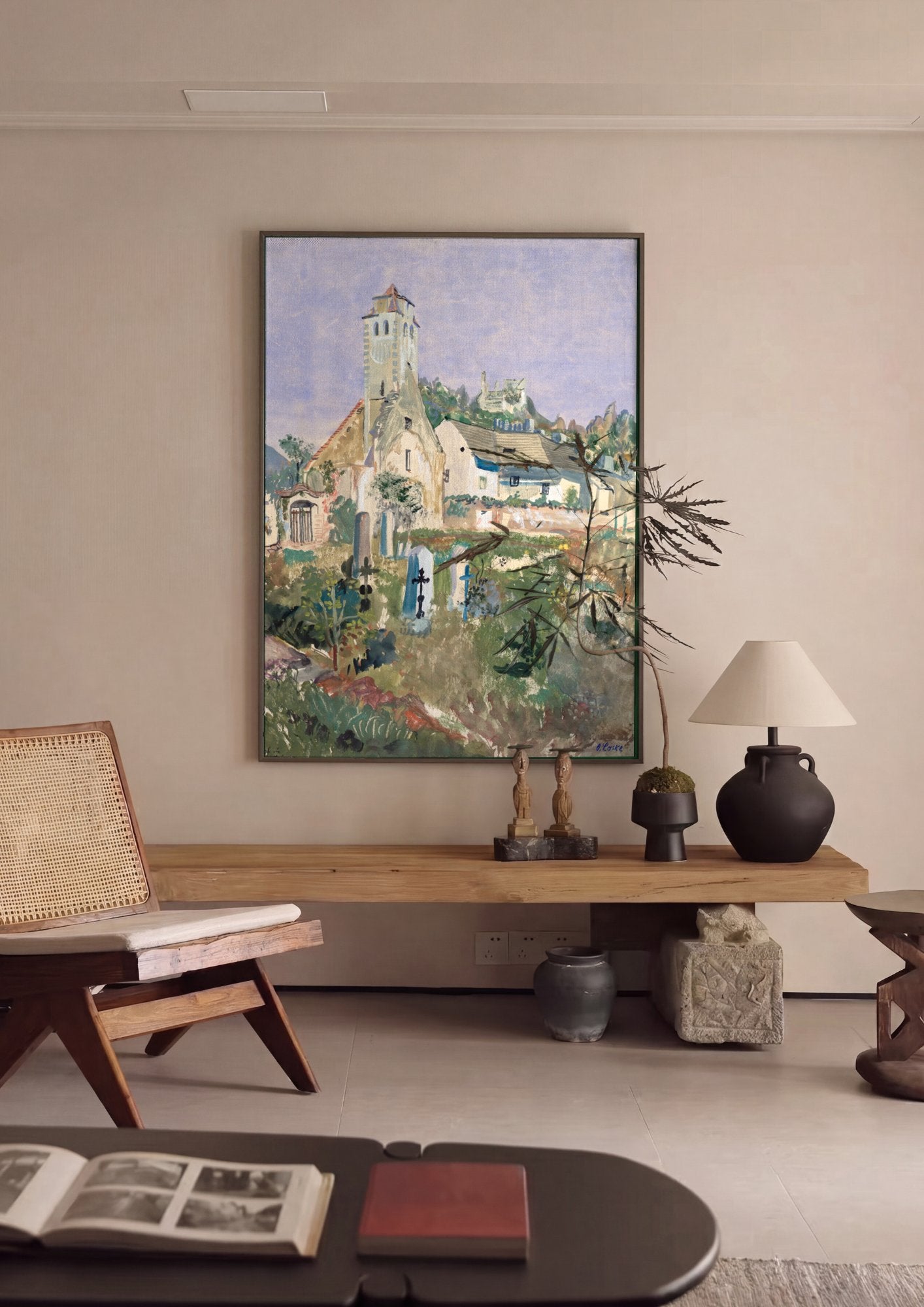 Quadro Decorativo Igreja e Cemitério Antigos - Oskar Laske em ambiente decorado