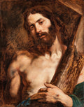 Quadro decorativo de Anthony van Dyck, 'Cristo Carregando a Cruz', apresentando Jesus com barba e cabelos longos, carregando uma cruz de madeira. A pintura é em tons terrosos com detalhes em azul esverdeado.