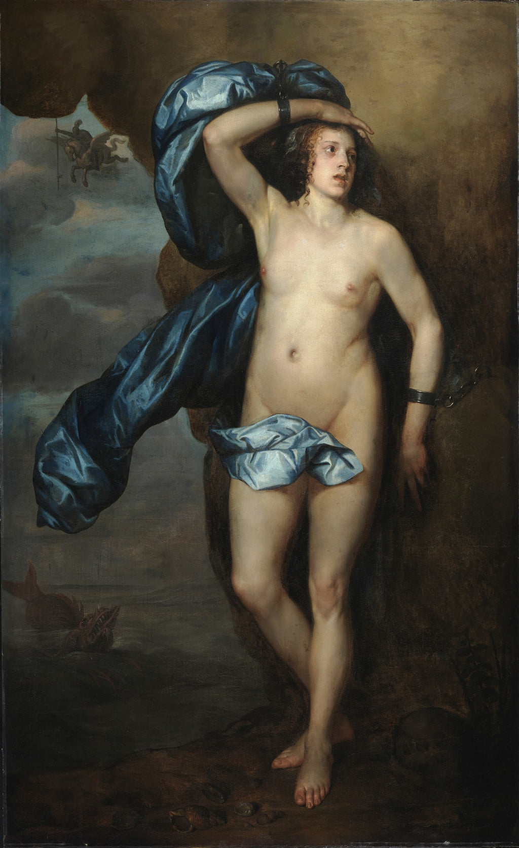 Pintura a óleo de Andrômeda acorrentada a uma rocha, nua e com drapeado azul, olhando para a esquerda com expressão de aflição. Ao fundo, um monstro marinho e um cavaleiro alado.