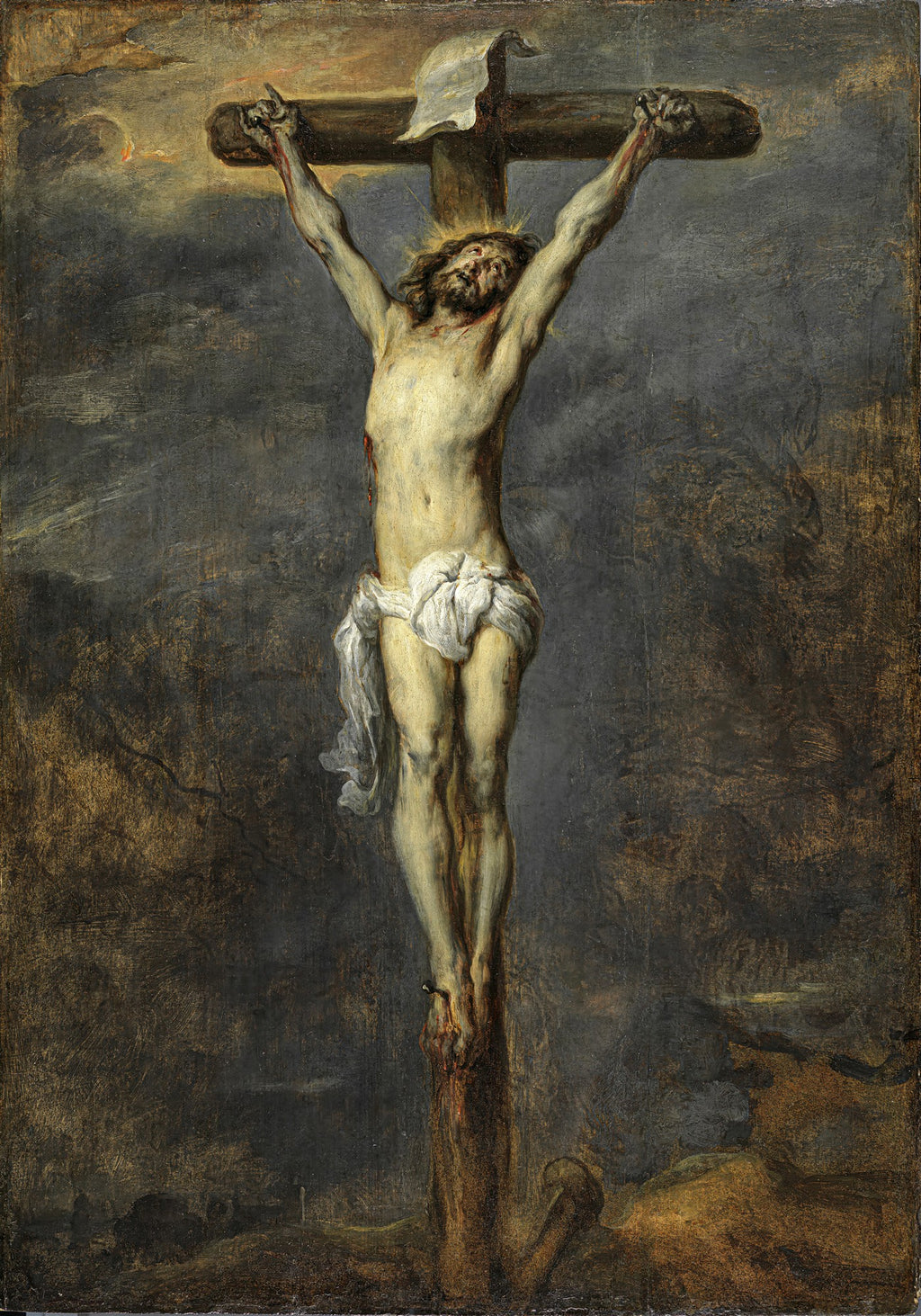 Quadro decorativo mostrando a crucificação de Cristo, com a figura central luminosa contra um céu escuro e dramático, em estilo barroco de Anthony van Dyck.