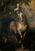 Retrato equestre de Carlos I da Inglaterra, pintado por Anthony van Dyck. O rei está montado em um cavalo branco, vestido com armadura e um grande colarinho branco, em uma paisagem escura de floresta.