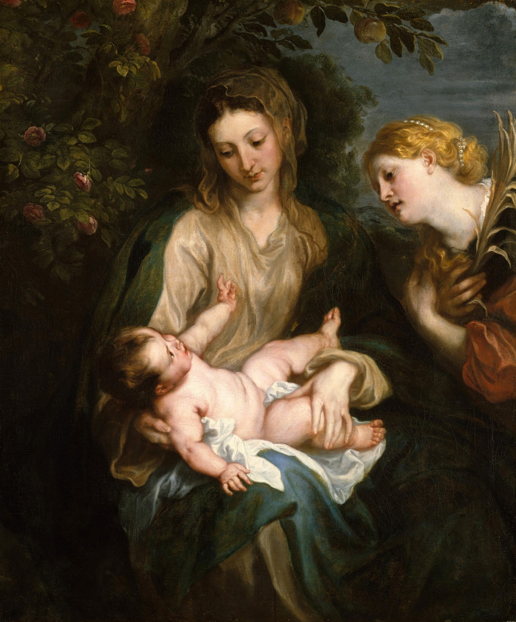 Pintura barroca de Anthony van Dyck, 'A Virgem e o Menino com Santa Rosália', mostrando Maria com o Menino Jesus e Santa Rosália à direita, em tons escuros e verdes.