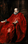 Retrato de um cavalheiro com bigode e cavanhaque, vestindo um grande manto vermelho vibrante e uma gola branca bufante, sentado ao lado de uma mesa escura.