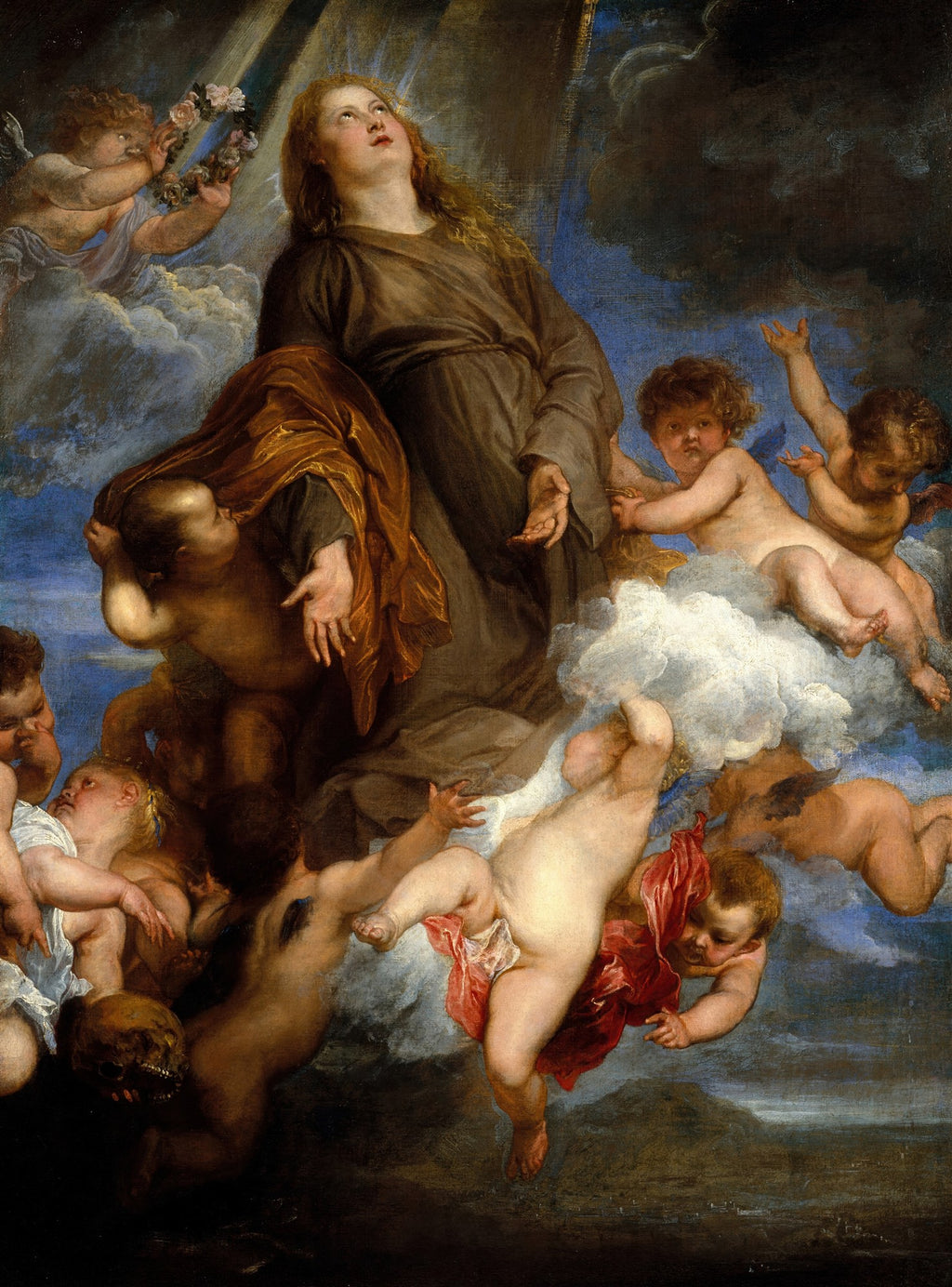Pintura barroca de Anthony van Dyck, "A Assunção da Virgem", retratando Maria subindo aos céus cercada por anjos e querubins em nuvens escuras e iluminadas.
