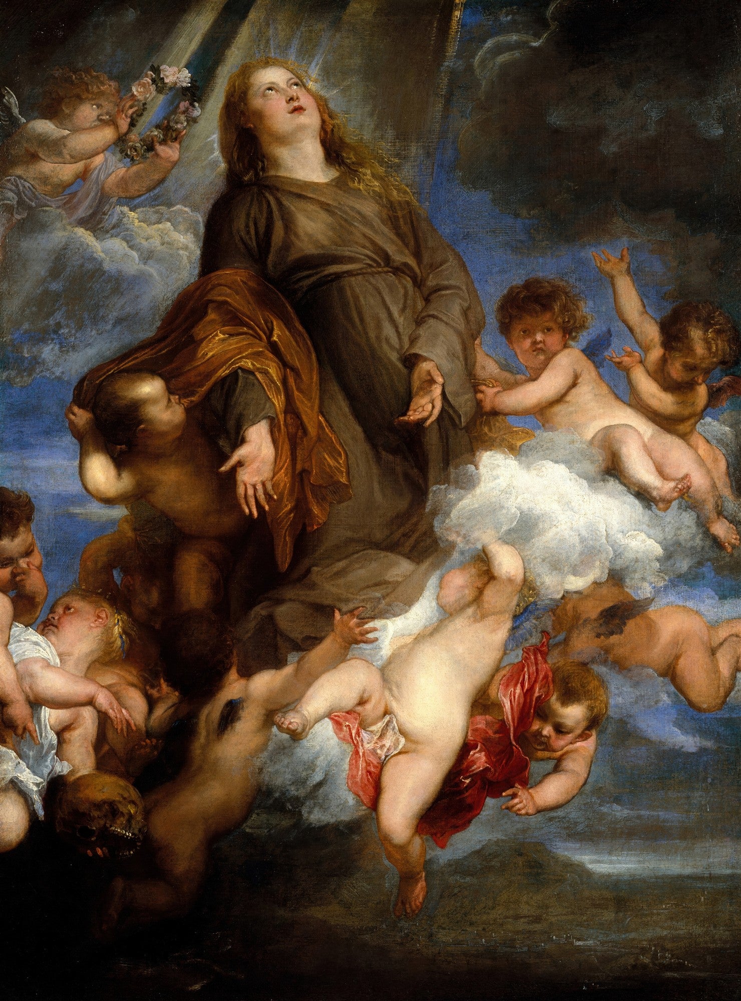 Pintura barroca de Anthony van Dyck, "A Assunção da Virgem", retratando Maria subindo aos céus cercada por anjos e querubins em nuvens escuras e iluminadas.
