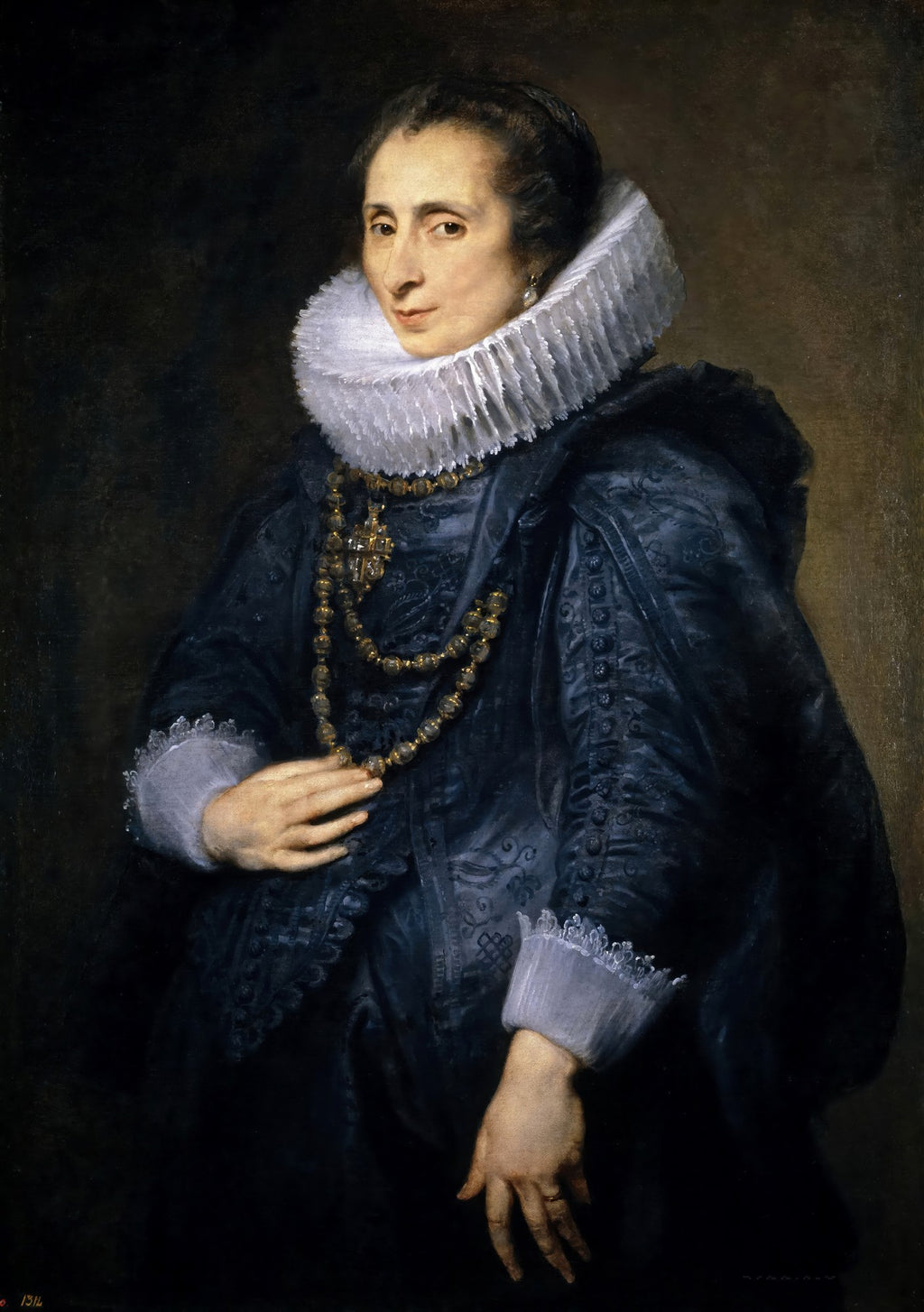 Retrato de uma dama em estilo barroco, atribuído a Anthony van Dyck. A mulher usa um vestido escuro, gola de renda branca e colar de contas.