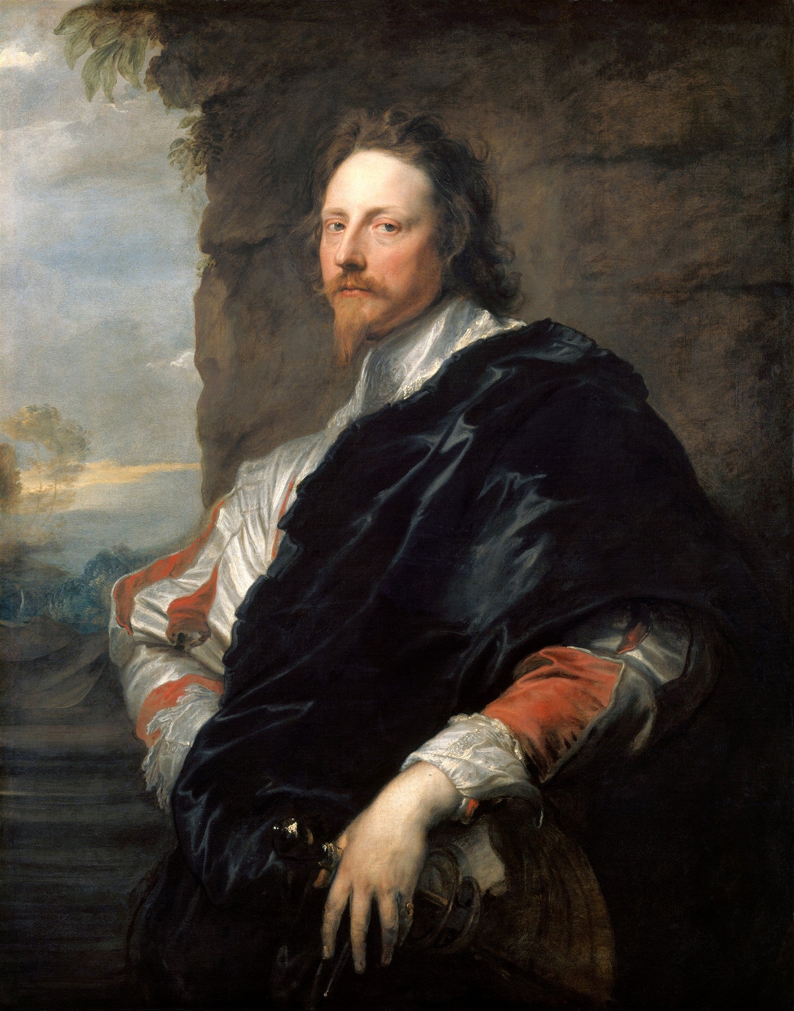 Retrato clássico de George Digby, 2º Conde de Bristol, por Anthony van Dyck. Homem com barba ruiva, vestido com capa escura e camisa branca, em pose elegante.