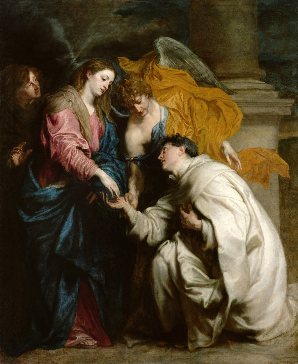 Pintura barroca de Anthony van Dyck retratando a Virgem Maria e anjos interagindo com Santo Antônio de Pádua ajoelhado, em tons de azul, rosa, amarelo e branco