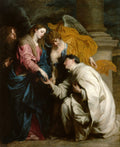 Pintura barroca de Anthony van Dyck retratando a Virgem Maria e anjos interagindo com Santo Antônio de Pádua ajoelhado, em tons de azul, rosa, amarelo e branco