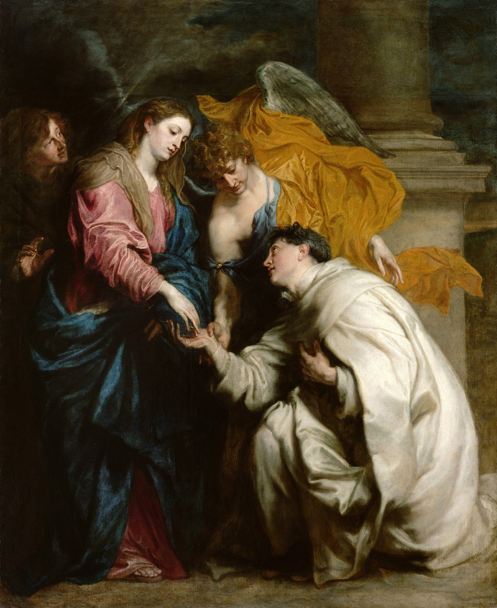 Pintura barroca de Anthony van Dyck retratando a Virgem Maria e anjos interagindo com Santo Antônio de Pádua ajoelhado, em tons de azul, rosa, amarelo e branco