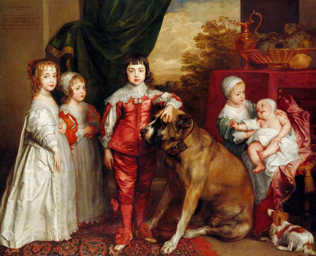 Pintura a óleo de Sir Anthony van Dyck, 'Os Filhos de Carlos I', mostrando cinco crianças da realeza com dois cachorros, em um ambiente interno suntuoso com cortinas e paisagem ao fundo, cores ricas e detalhes de vestuário barroco.