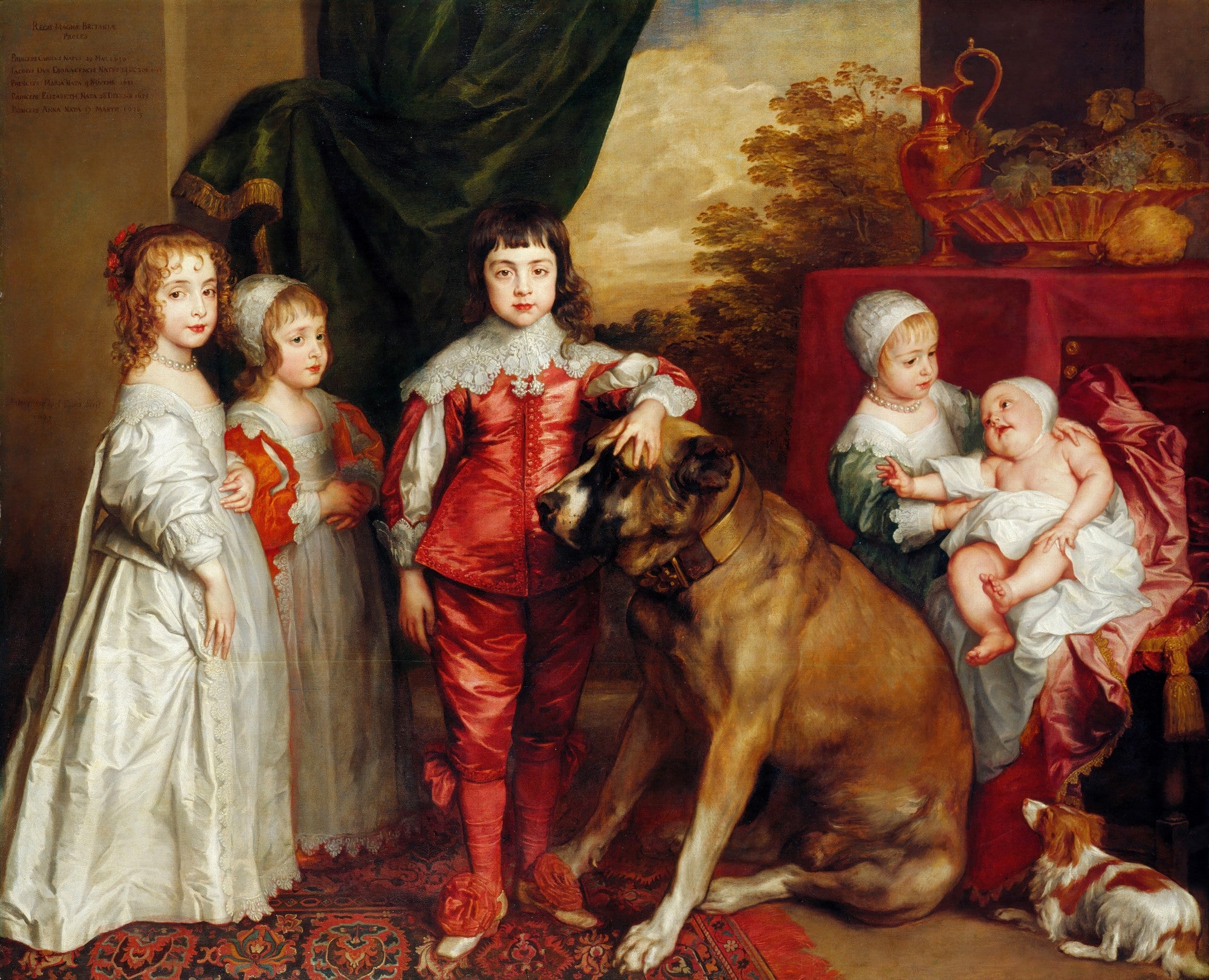Pintura a óleo de Sir Anthony van Dyck, 'Os Filhos de Carlos I', mostrando cinco crianças da realeza com dois cachorros, em um ambiente interno suntuoso com cortinas e paisagem ao fundo, cores ricas e detalhes de vestuário barroco.
