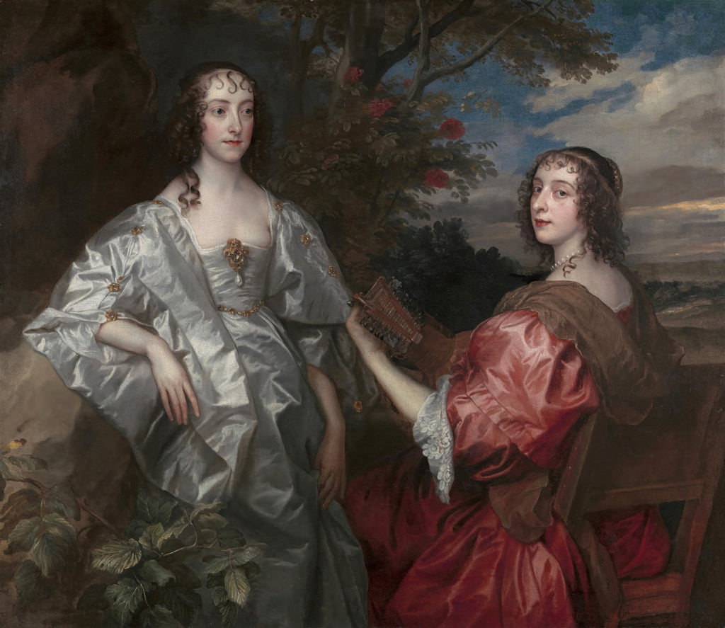 Retrato de duas mulheres jovens vestidas com trajes luxuosos do século XVII, uma em prata e outra em vermelho, em um cenário de jardim. A mulher da direita toca um instrumento de cordas.