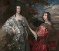 Retrato de duas mulheres jovens vestidas com trajes luxuosos do século XVII, uma em prata e outra em vermelho, em um cenário de jardim. A mulher da direita toca um instrumento de cordas.