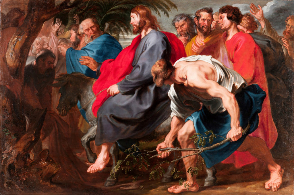 Quadro decorativo mostrando Jesus montado em um jumentinho, entrando em Jerusalém, com uma multidão ao seu redor, alguns jogando ramos no chão. Obra de Anthony van Dyck.