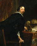 Retrato de Sir Kenelm Digby por Anthony van Dyck, um homem de bigode e cavanhaque olhando para o espectador, vestindo roupas escuras e gola branca rendada, com uma mesa e um globo ao fundo.