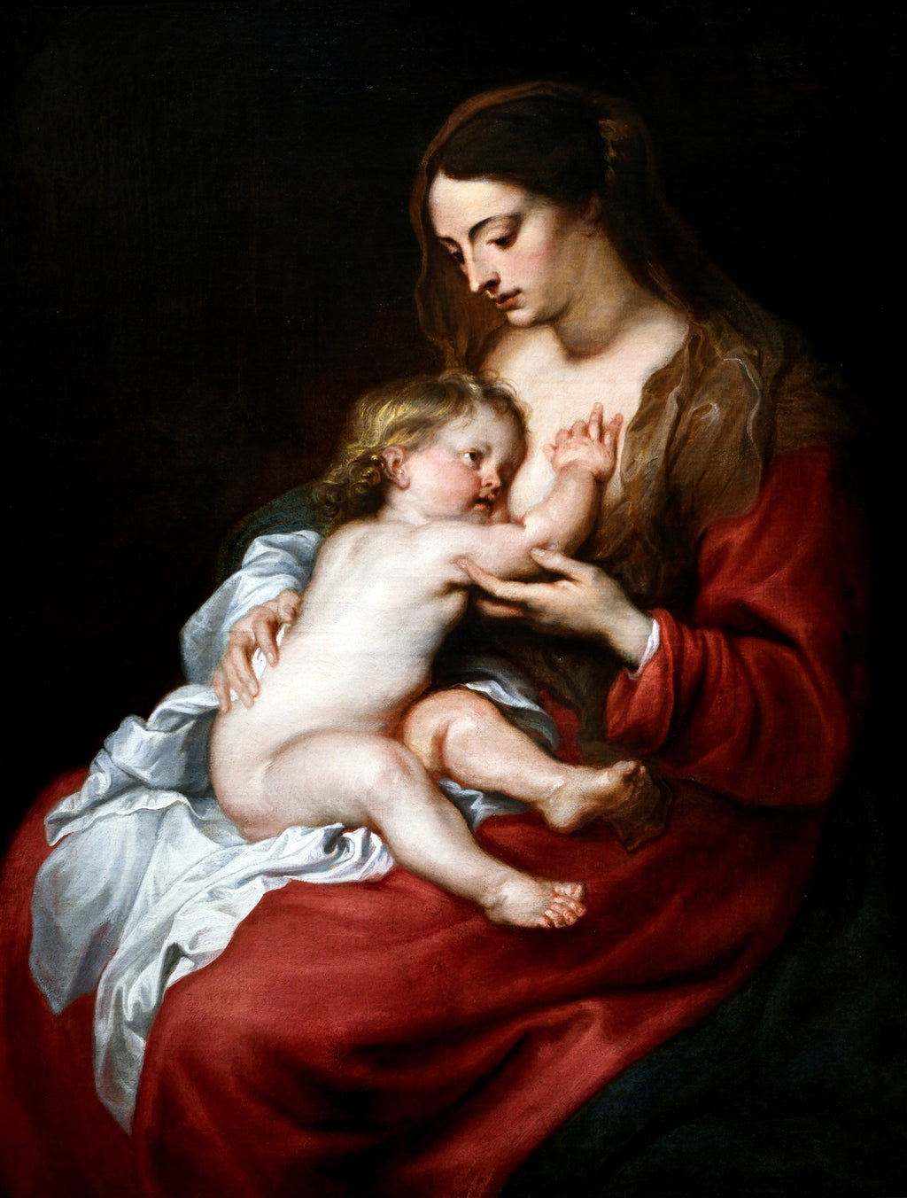 Retrato íntimo de uma Madona com o Menino em estilo barroco, com a mãe amamentando a criança, ambos com expressões serenas e envoltos em vestes de cores ricas como vermelho e branco sobre um fundo escuro.