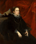 Retrato de uma mulher sentada, com vestido preto, colares de pérolas, gola de renda branca e um livro na mão. Fundo avermelhado com cortinas e uma paisagem no canto esquerdo. Estilo barroco.