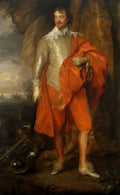 Retrato de corpo inteiro de Sir Robert Rich, um homem de meia-idade, com bigode e cavanhaque, vestindo roupas opulentas do século XVII, incluindo um casaco dourado bordado, calções e capa vermelho-alaranjados, e sapatos com pompons brancos. Ao fundo, um cenário de mar com navios e armaduras no chão.