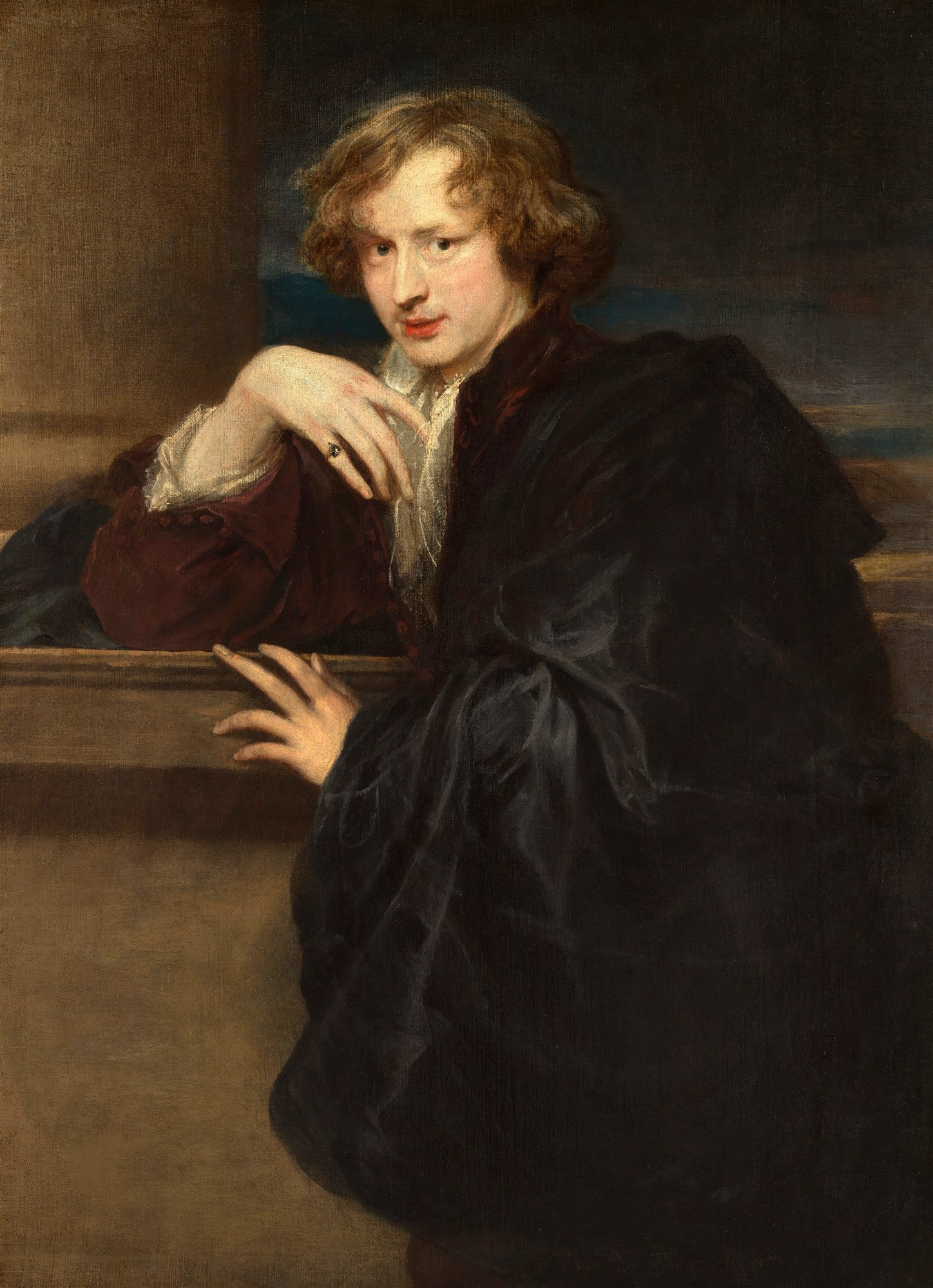 Quadro decorativo com um retrato de um jovem com cabelos cacheados, vestindo roupas escuras e elegantes, apoiado em um parapeito. A iluminação dramática e o olhar introspectivo são característicos do estilo barroco de Anthony van Dyck.