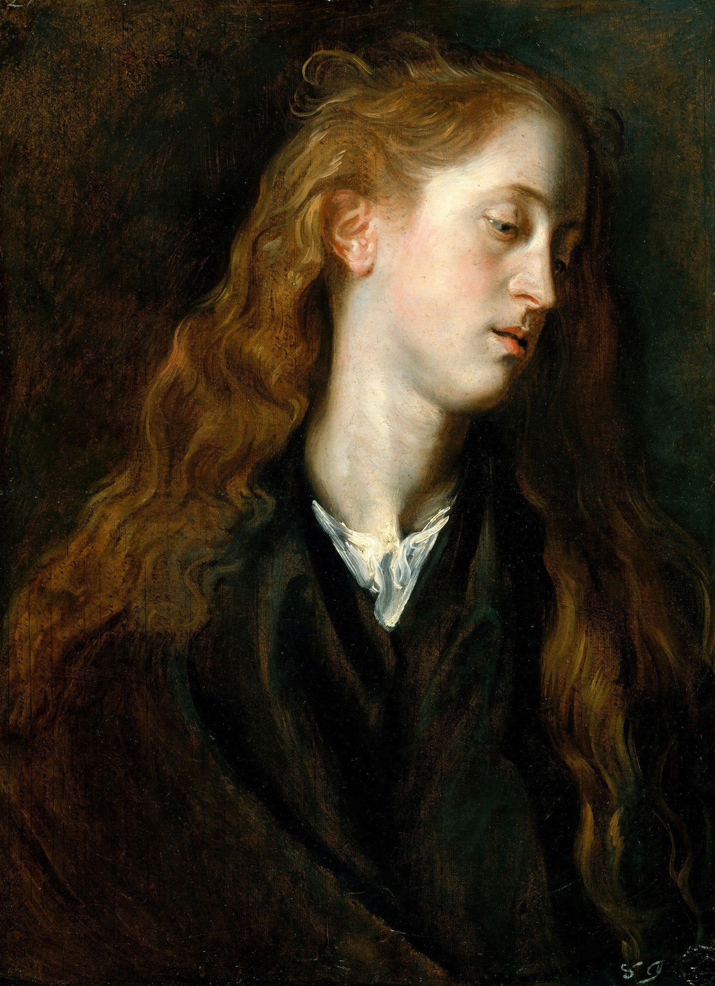 Retrato de uma jovem mulher com cabelos longos e ondulados, olhando para baixo com uma expressão pensativa. A iluminação destaca seu rosto e pescoço, em contraste com o fundo escuro. A obra é atribuída a Anthony van Dyck.
