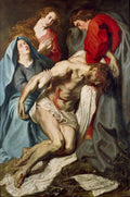 Pintura barroca de Anthony van Dyck mostrando a lamentação de Cristo com Maria, Maria Madalena e São João, com forte contraste de luz e sombra e cores vibrantes. Cristo morto é carregado por figuras em luto, com feridas visíveis e coroa de espinhos no chão.
