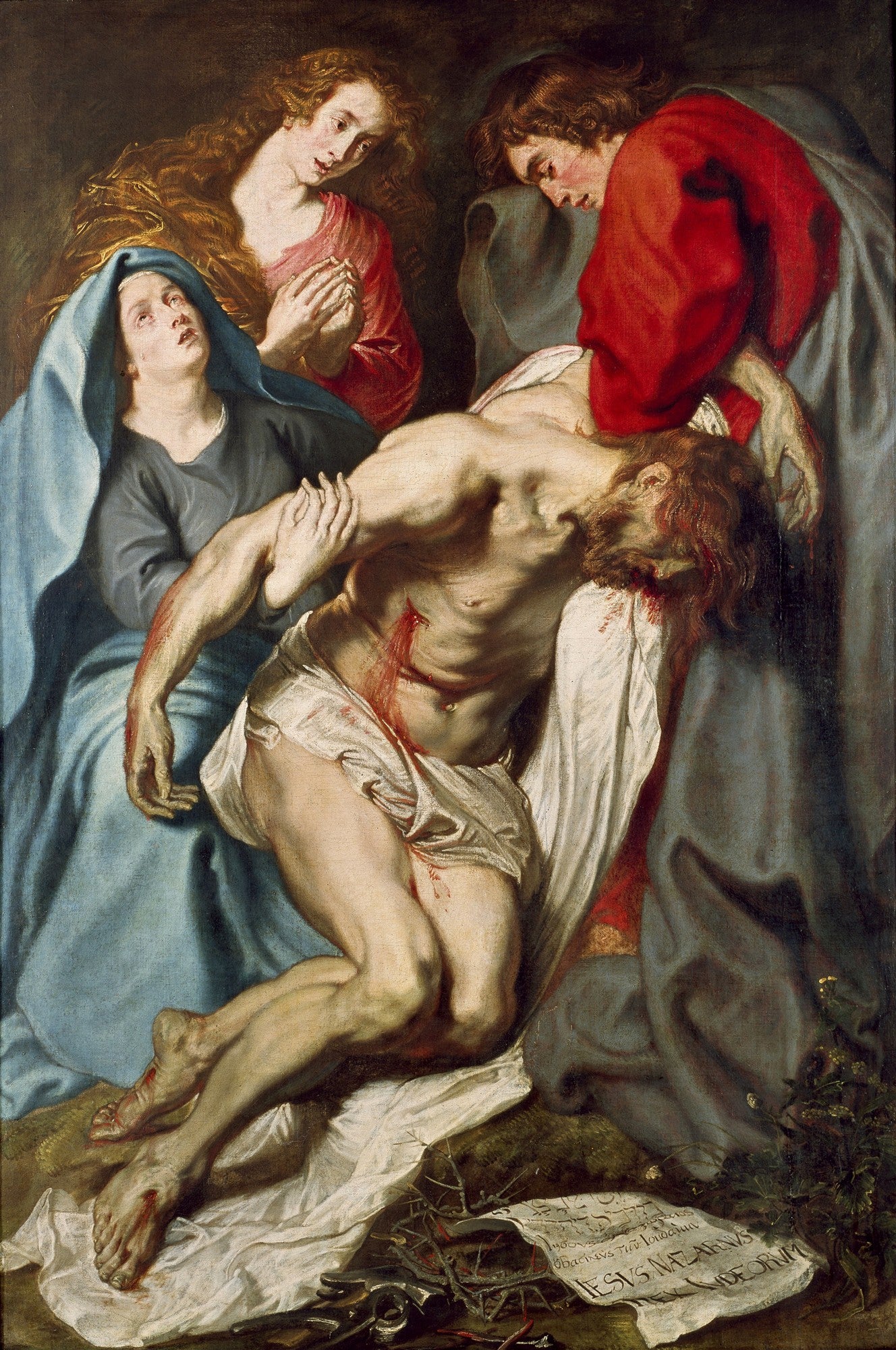 Pintura barroca de Anthony van Dyck mostrando a lamentação de Cristo com Maria, Maria Madalena e São João, com forte contraste de luz e sombra e cores vibrantes. Cristo morto é carregado por figuras em luto, com feridas visíveis e coroa de espinhos no chão.