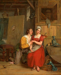 Quadro 'A Oferta do Pintor' de Gustaf Wappers, mostrando um artista ajoelhado oferecendo seu coração a uma mulher que segura pincéis em um ateliê rústico.