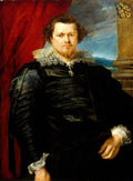 Retrato de um homem com barba e bigode, vestindo roupas escuras e gola de renda branca, com uma cortina vermelha e uma paisagem ao fundo. A obra é atribuída a Anthony van Dyck.