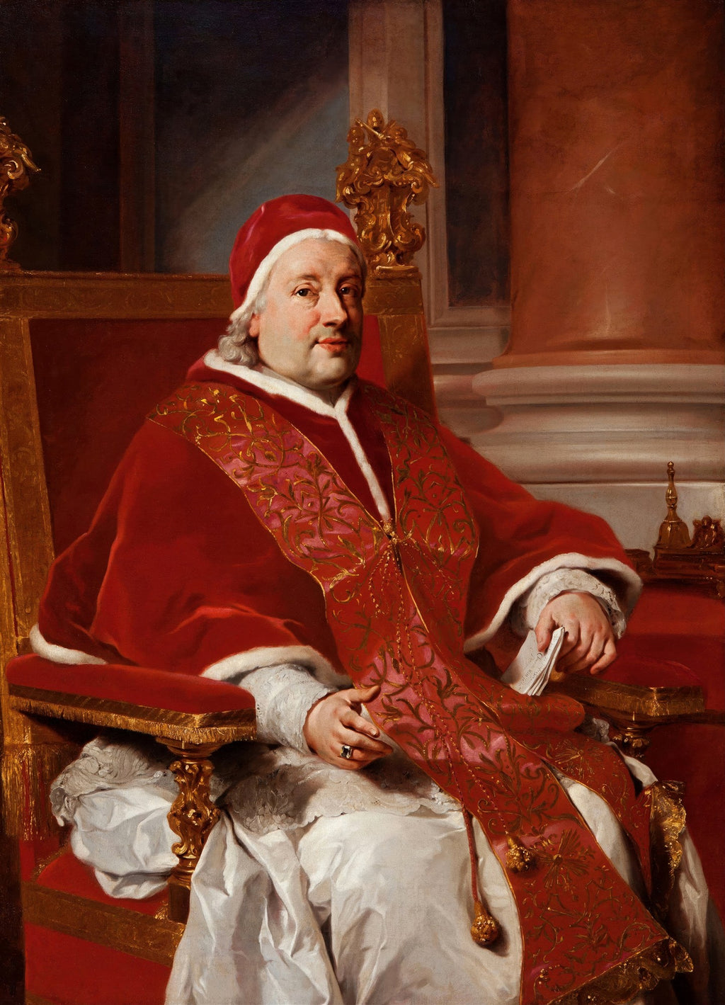 Retrato do Papa Clemente XIV, obra de Anton Raphael Mengs. Um homem idoso com vestes papais vermelhas e douradas, sentado em uma cadeira opulenta, com uma expressão serena.