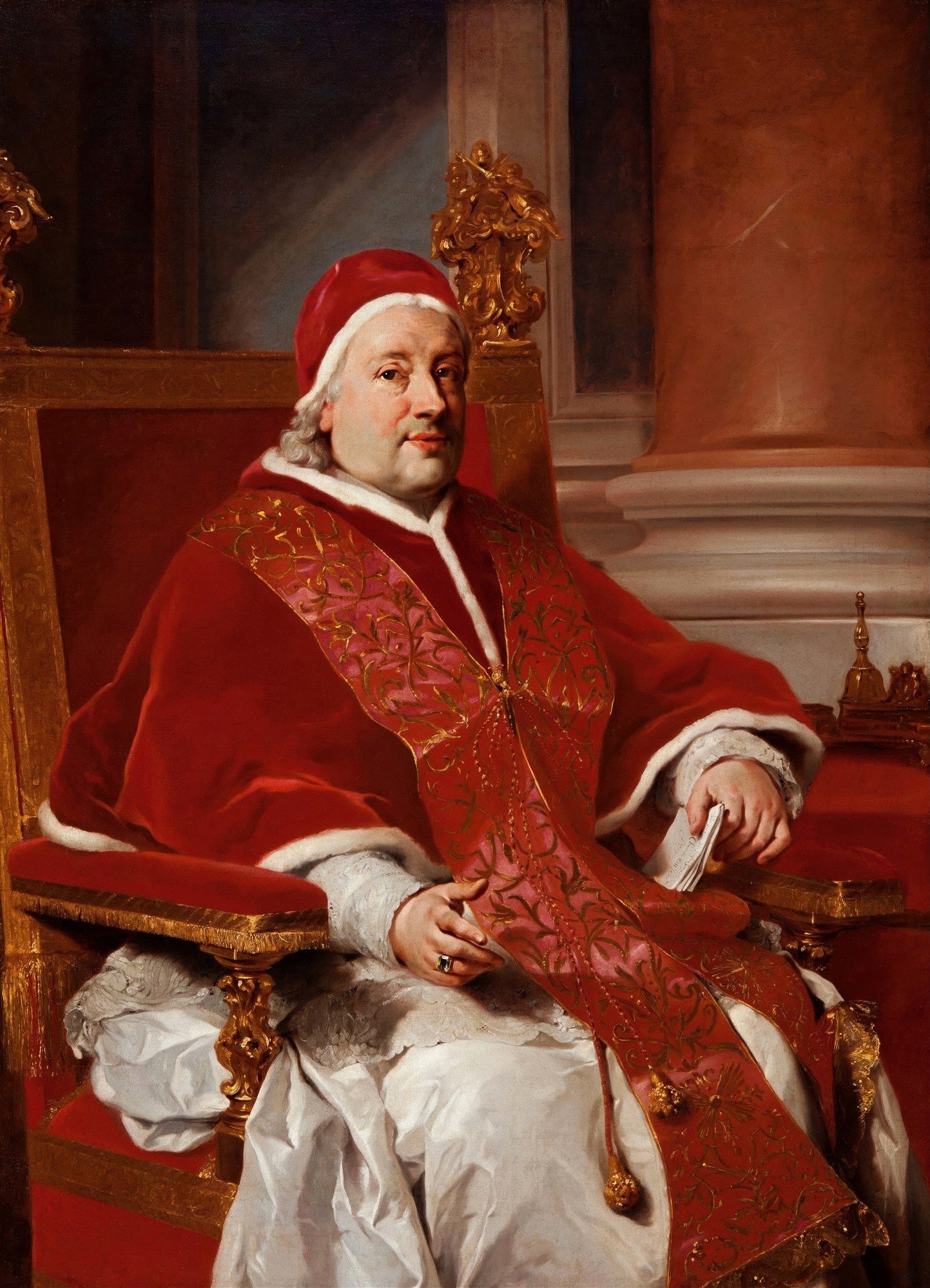 Retrato do Papa Clemente XIV, obra de Anton Raphael Mengs. Um homem idoso com vestes papais vermelhas e douradas, sentado em uma cadeira opulenta, com uma expressão serena.
