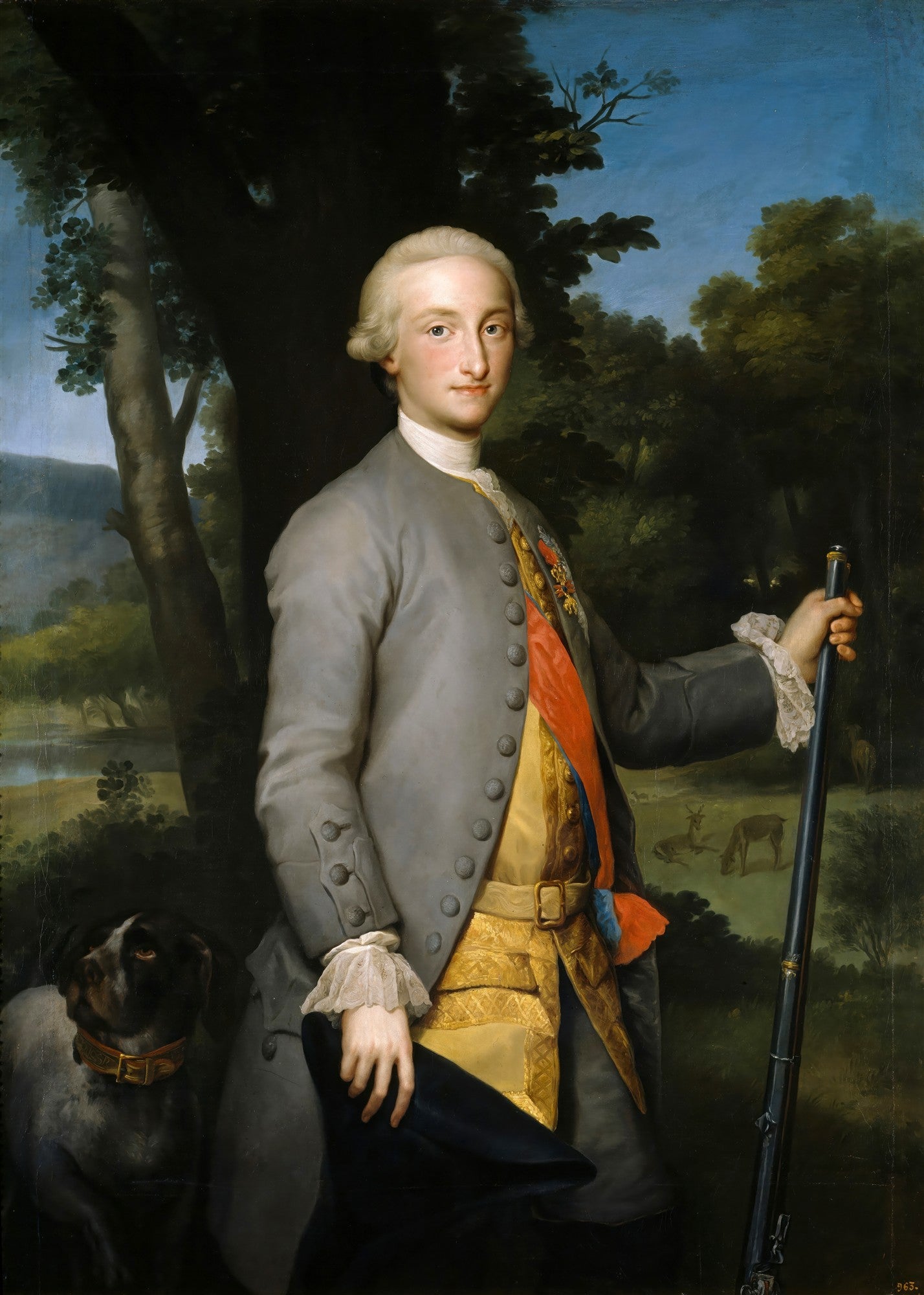 Retrato do Príncipe de Astúrias D. Carlos, futuro Carlos IV, pintado por Anton Raphael Mengs. O jovem nobre está em pé, com vestes formais, segurando uma espingarda, e um cão de caça está ao seu lado. Ao fundo, uma paisagem campestre com árvores e veados.